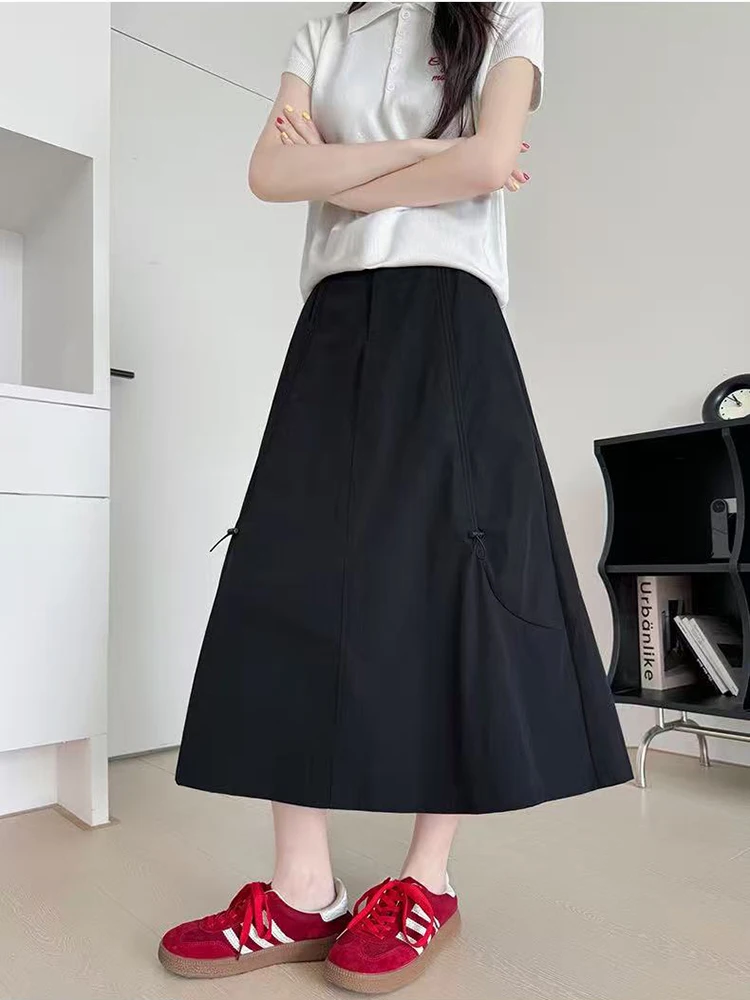 

American Cargo Midi Skirts Women Summer High Waist Streetwear Loose A Line Skirts Y2K Fashion All Match Pleats Skirts