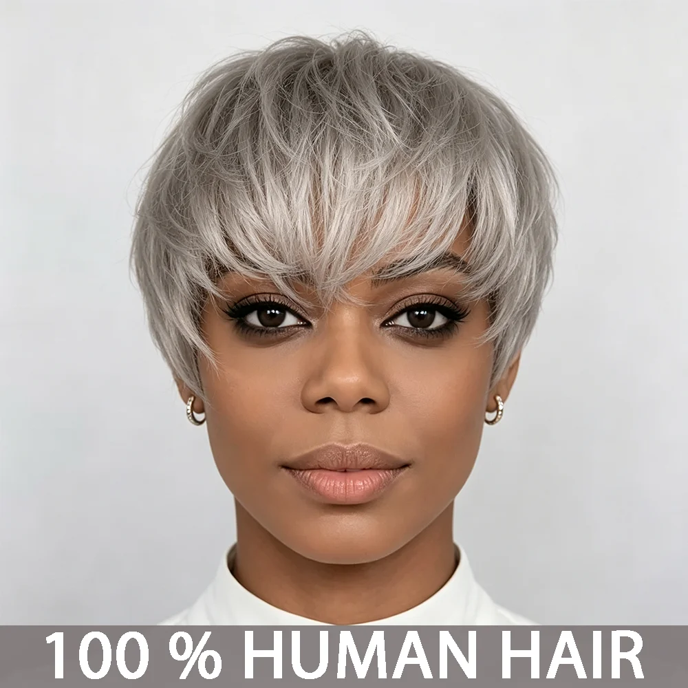 Women' Short Gray Human Hair Wig Suitable for Every Day & Parties - Straight Pixie Cut with Comfort Fit Wig Cap, Instant Volume & Coverage, Machine-Made Hairpiece for Look, Suitable for Skin Tones & for Skin Tones