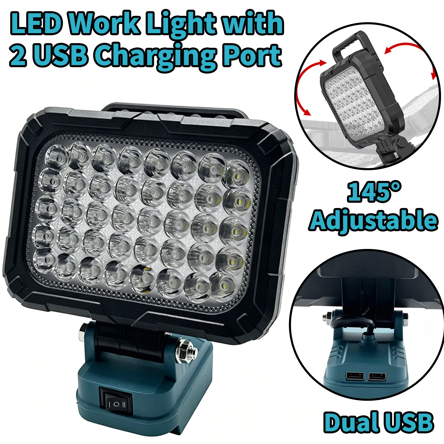 Cordless LED Work Light Compatible with for Makita/Dewalt/Milwuakee with 2 USB Charging Port 145° Adjustable Angle Flashlight
