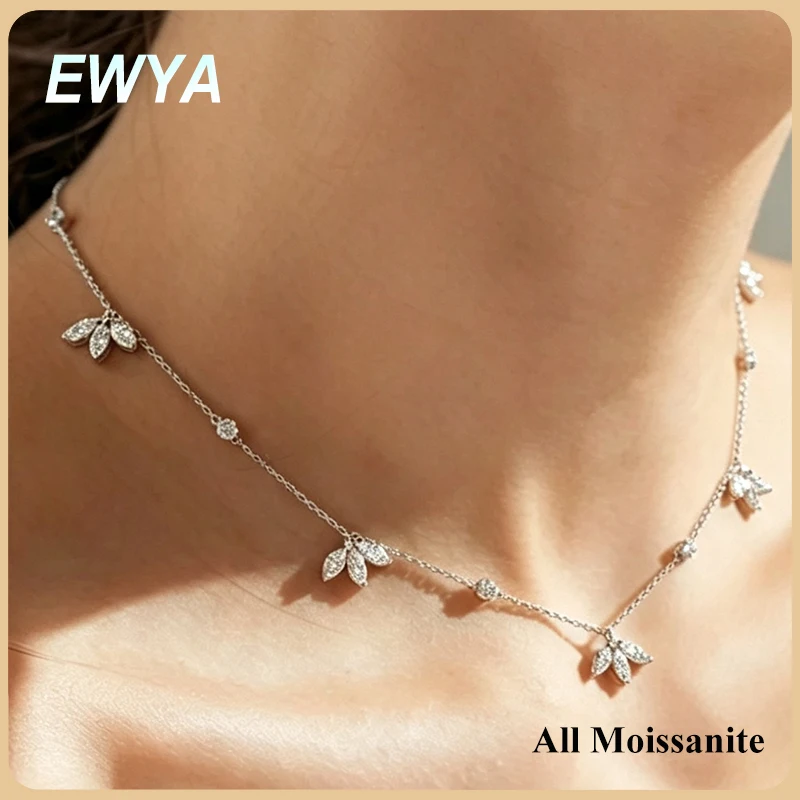 Кулон EWYA Lotus Marquise Cut с тремя камнями из муассанита для женщин и мужчин, сертифицированная цепочка из серебра S925 с подвеской в виде кленового листа, подарок.