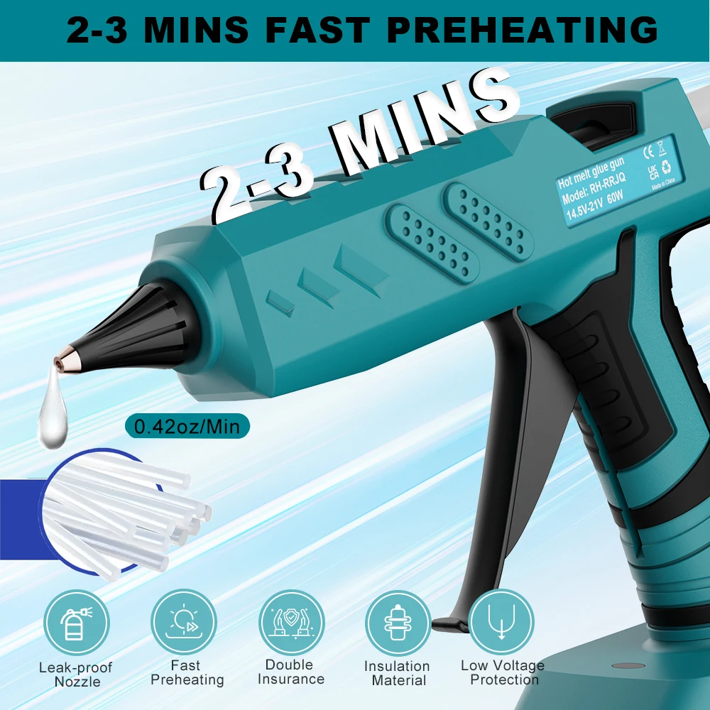 Pistola de pegamento termofusible para batería Makita de 18V, pistola de pegamento termofusible inalámbrica con barras de pegamento de 11mm, herramienta de reparación DIY para el hogar, barra de pegamento caliente