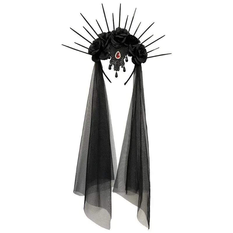 Gothic Black Halo Skeleton ดอกไม้ Sunburst Spike Headpiece สําหรับผู้หญิงฮาโลวีน Queen อุปกรณ์เสริมผมปาร์ตี้คอสเพลย์