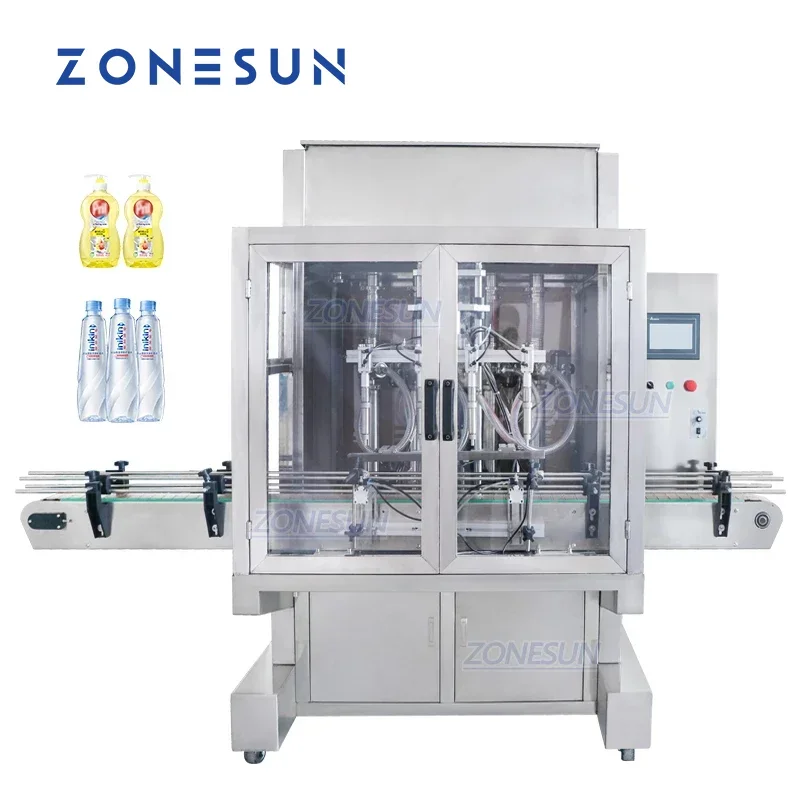 ZONESUN Fully Automatic Four Heads Liquid Perfume Lotion Paste Cream Bottle Servo Filling Machine For Cosmetics