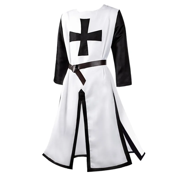 Mens Medieval Crusader Knights Templar Tunic Cosplay Costumes Renaissance Halloween Surcoat Warrior Black Plague Cloak Top Belt