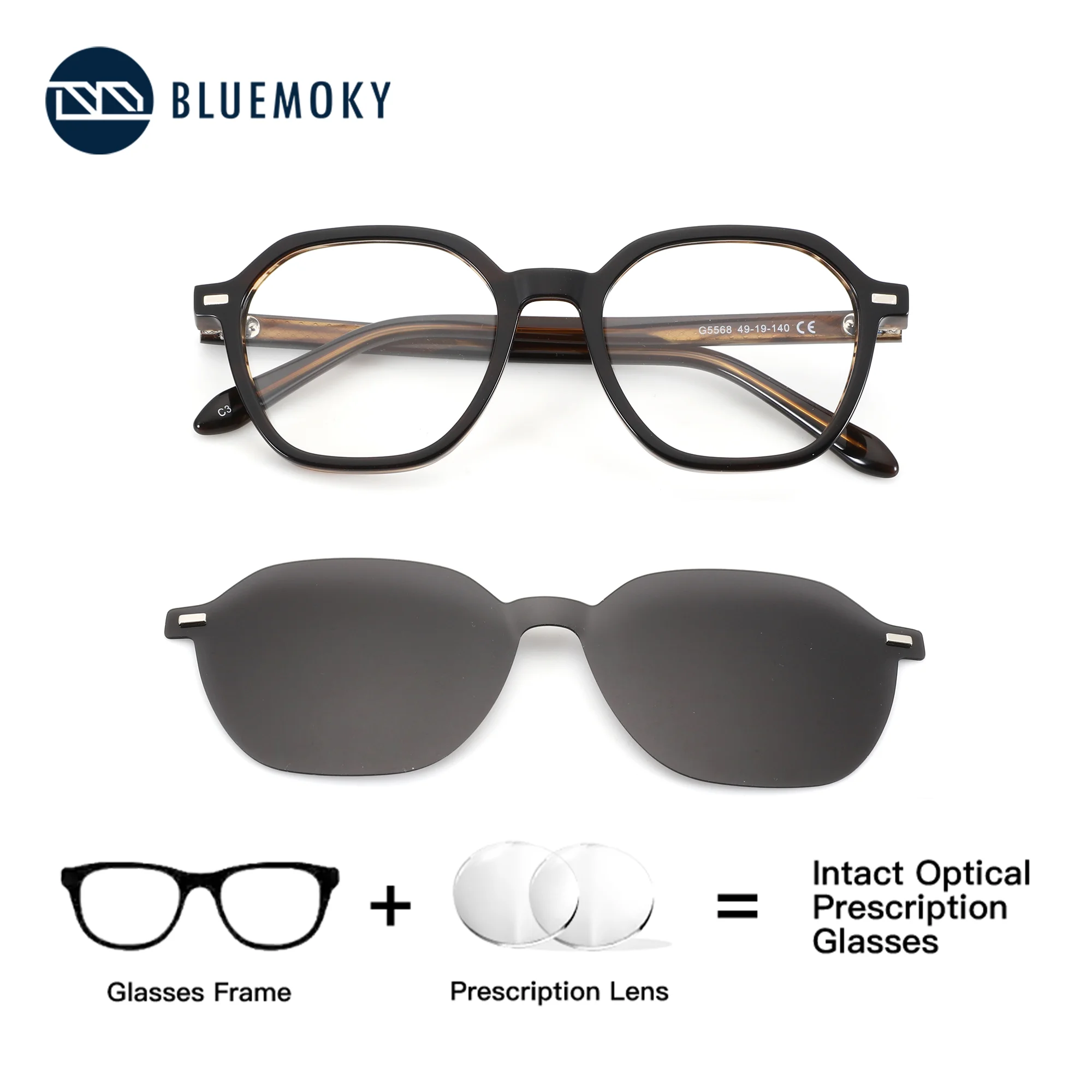 

BLUEMOKY (S Size) Acetate Polygon Clip on Prescription Sunglasses Polarized UV400 Men's Medical Photochromic Progressive Eyewear