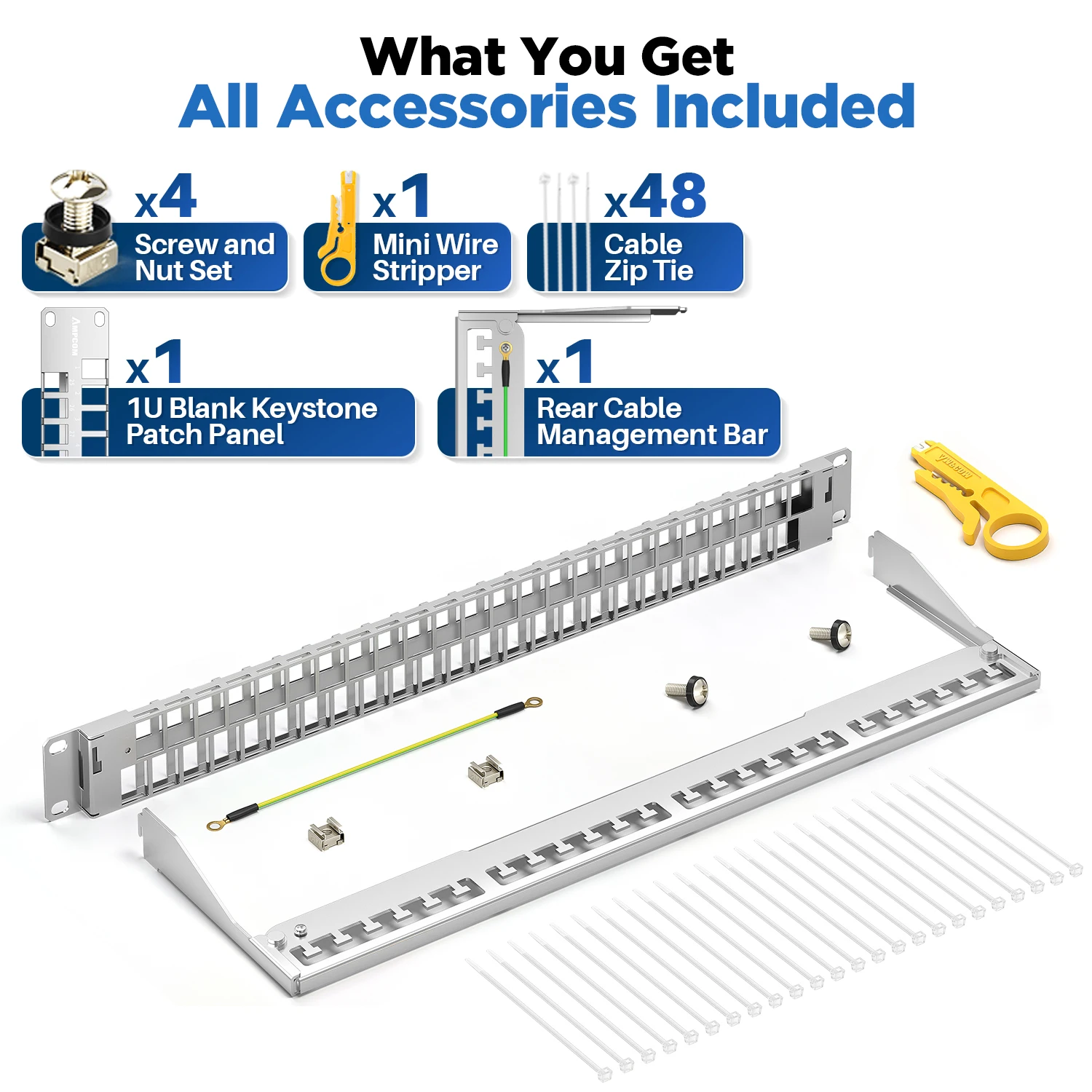 Пустая патч-панель AMPCOM Keystone 1U, 48-портовый, STP UTP, крепление в стойку с задней панелью управления кабелем для CAT5E CAT6 CAT6A CAT7 CAT8