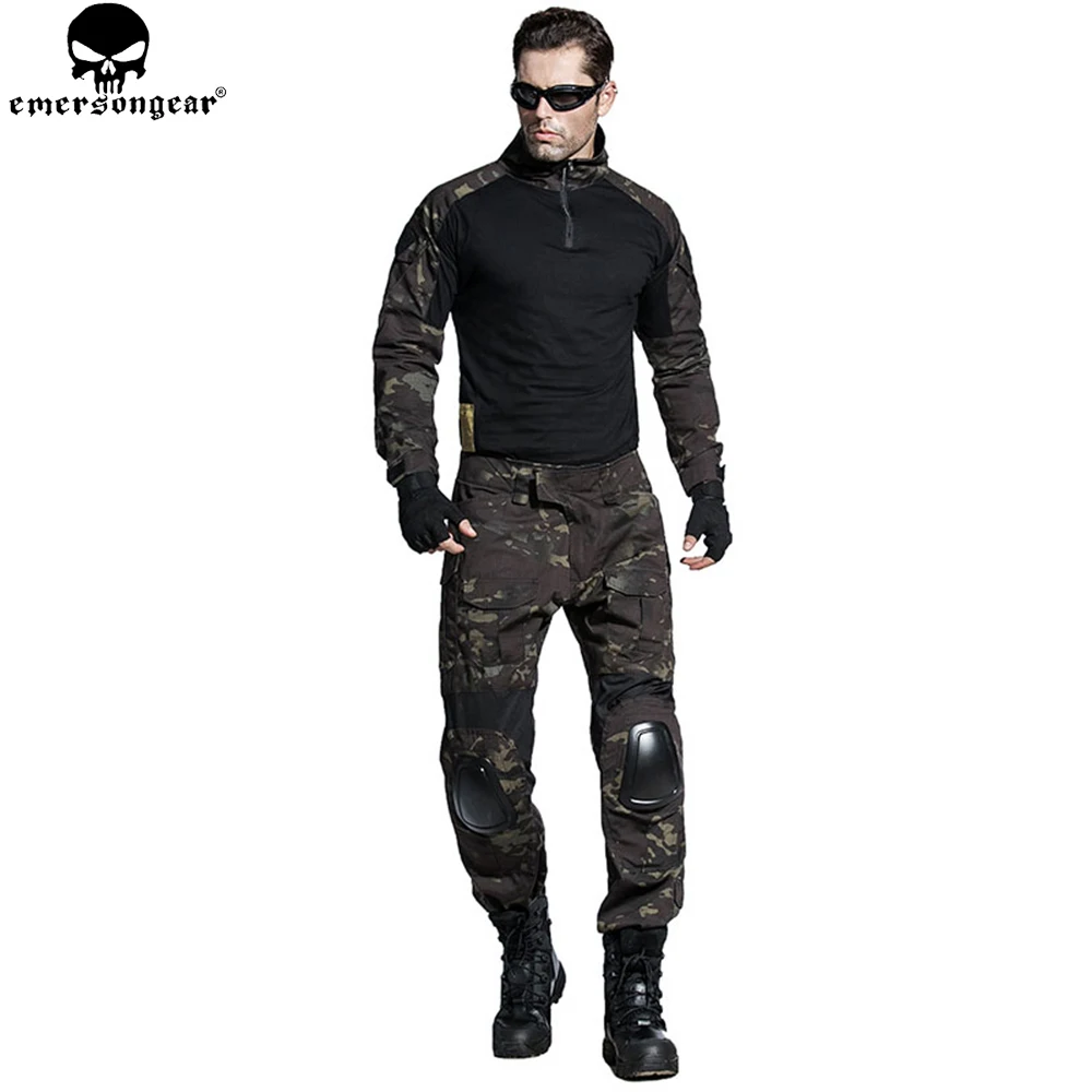 

EMERSONGEAR Airsoft BDU Tactical Uniform Combat Shirt Pants with Elbow Knee Pads Hunting Clothes Multi-camo Black EM6971