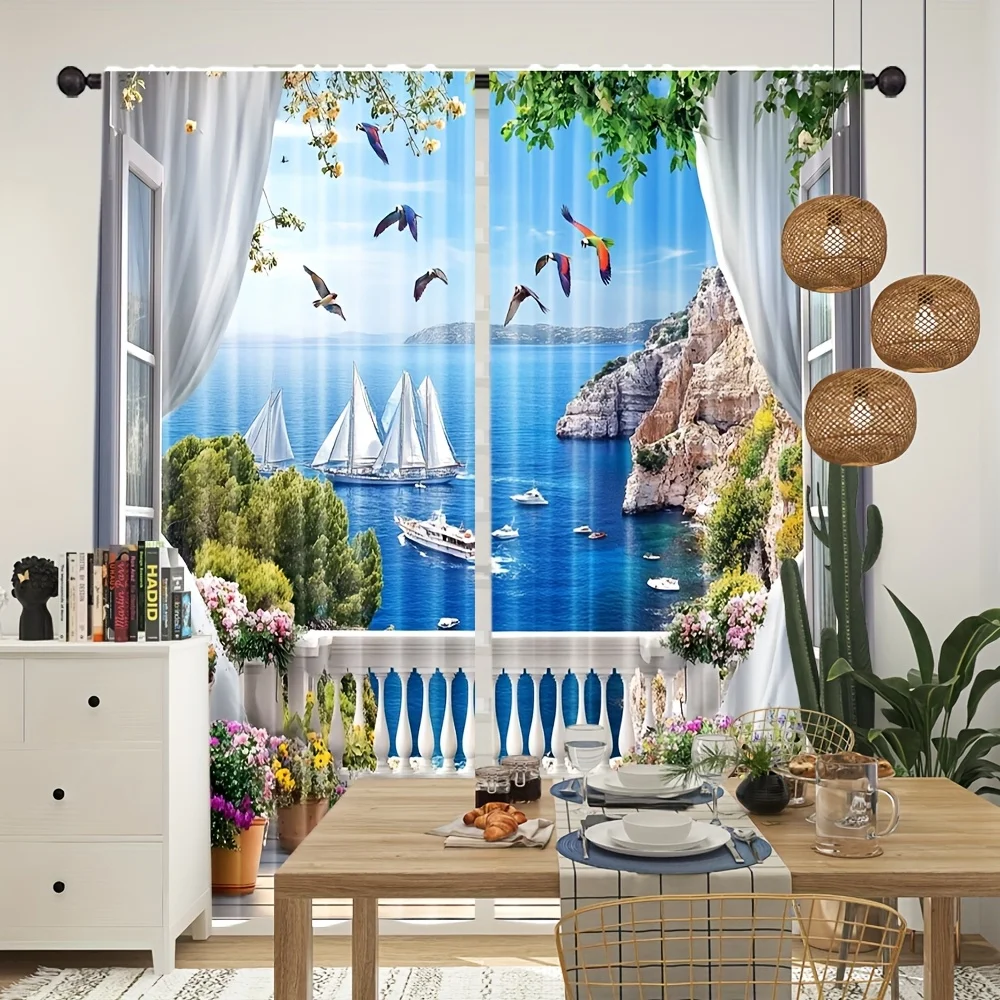 Coastal Paradise Beach View Curtains Waterproof sheer curtains for living room bedroom window decor