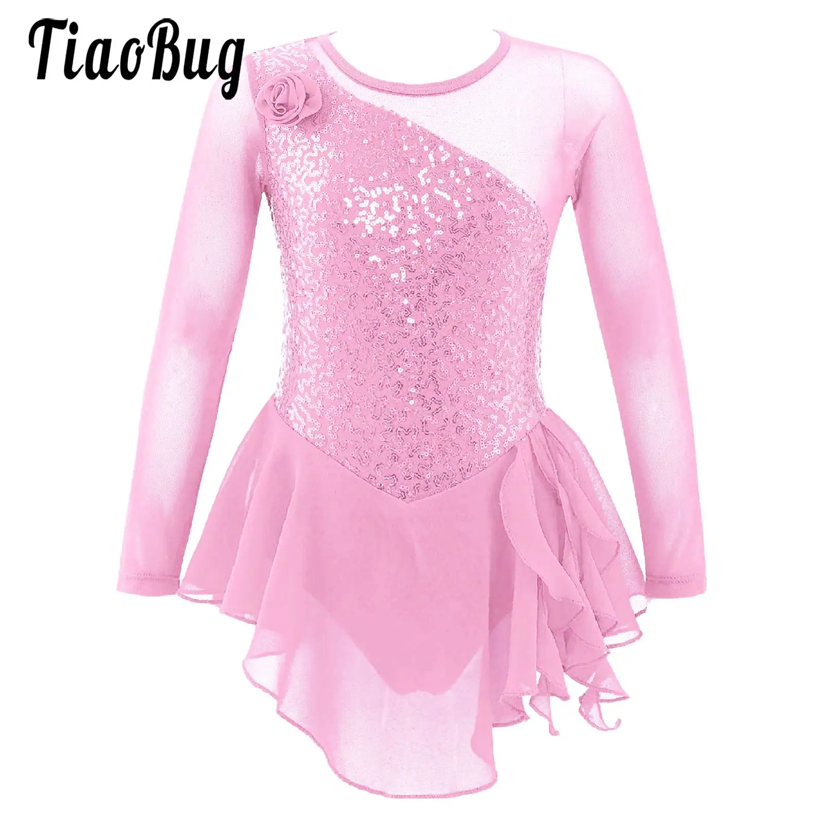 

Kids Girls Sheer Mesh Figure Skating Leotards Dress Performance Competition Dancewear Sequin Roller Skating Ballet Dress