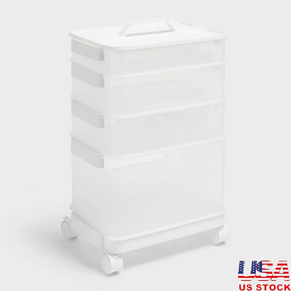 

4pc Stackable Storage Bins Set with Open Front Large Bins Tray Handle and Wheels Easy Portability and Organization