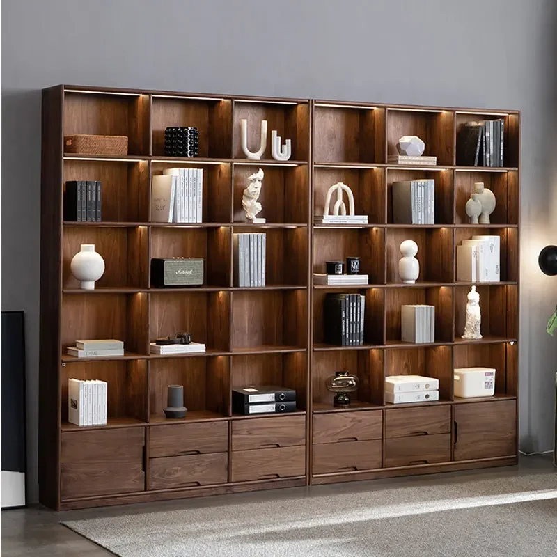 light luxury black walnut Japanese-style bookcase living room floor-to-ceiling multi-layer bookshelf with door