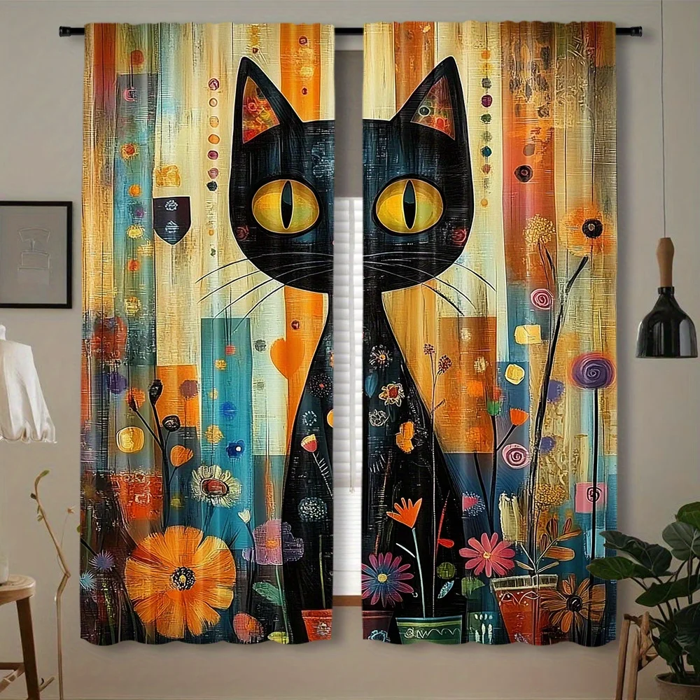 Abstract Black Cat Curtain 2 Panels, Big Yellow Eye Kitty Color Block Bright Wild Flower Oil Print, Drapes for Bedroom  Curtain