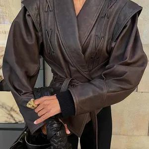 Jaqueta de couro curta feminina com cinto, Casaco feminino, Gola virada para baixo, Manga comprida, Elegante, Quente, Casacos de rua, Solto, Inverno, Moda 10 principais vendas blusa de motoqueira feminina - №4