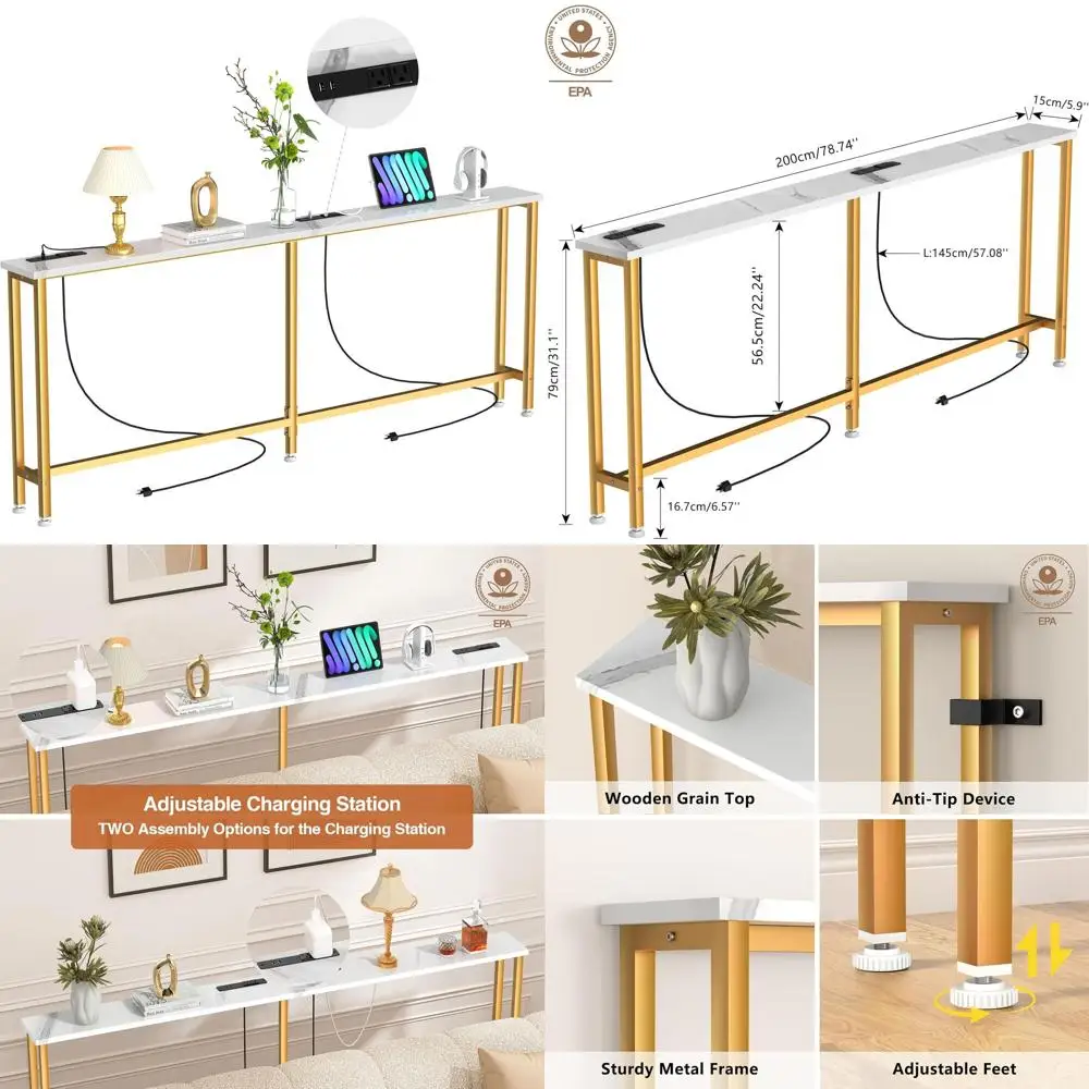 

78 White & Gold Console Table with Outlet, Slim Hallway Table, Narrow Entryway Stand, Living Room Sofa Table, Behind Sofa Storag