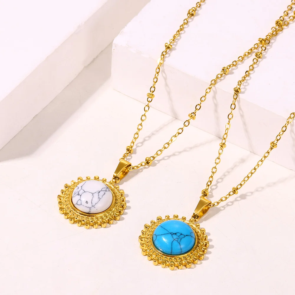 Natural Stone Pendant Necklaces For Women Trend Vintage Stainless Steel Jewelry Gold Color Chain Round Minimalism Necklace New