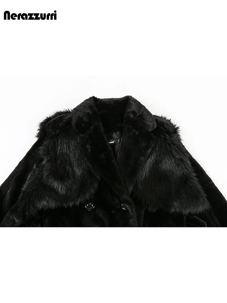 Nerazzurri Winter Long Black Fluffy Faux Fur Trench Coat for Women with Detachable Fake Fox Fur Vest Luxury Designer Clothes