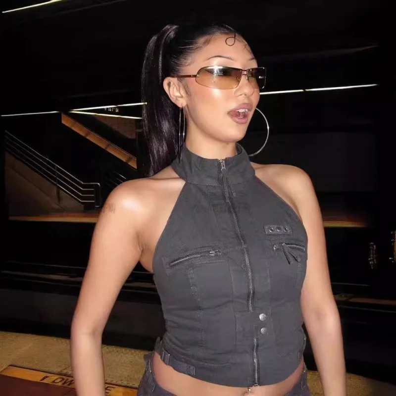 

Jaded London ey Zipper ket Retro Workwear Crop Top Women's Sle Casual Ne Hanging Vest ort Length Polyester Fiber