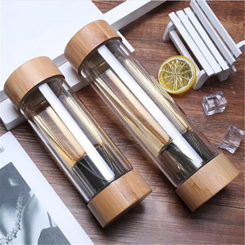 

300ml 400ml Travel Glass Water Bottle with Stainless Steel Tea Infuser Filter Double Wall Glass Sport Water Tumbler Bamboo Lid