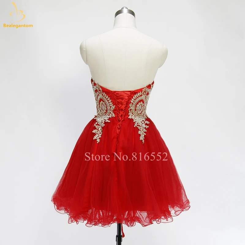 Bealegantom Gold Lace Appliques Short Prom Homecoming Dresses Tulle A Line Graudation Mini Cocktail Formal Occasion Party Gown