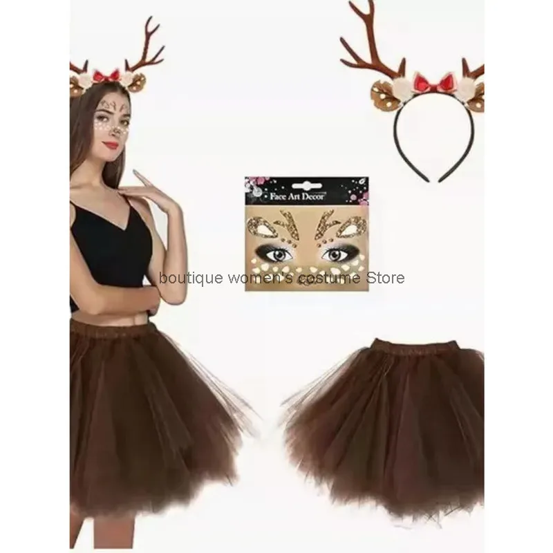 

Рождественский карнавальный костюм 2021, кофейный цвет, палевое платье, повязка на голову с большими рогами, креативная наклейка для лица, Лось, вечеринка для взрослых, Co