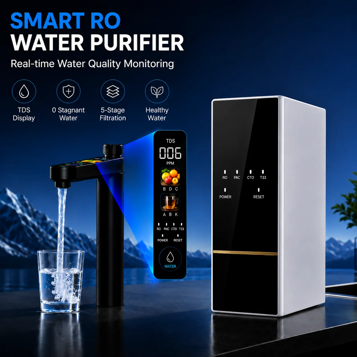 1000GPD 5-level RO water purifier with intelligent faucet,suitable for undermount water filtration systems for homes and hotels