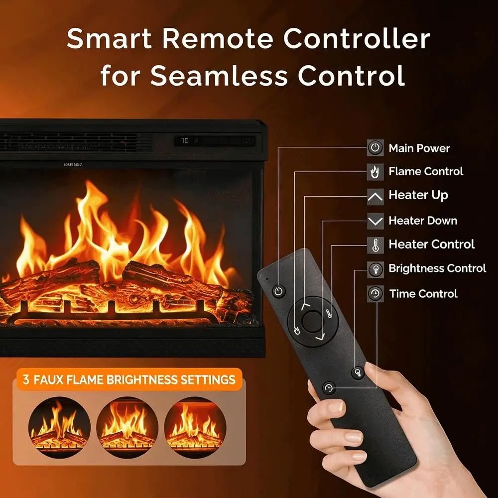 24 Inch Electric Fireplace Insert, 3-Sided Recessed/Wall Mount, 12 Realistic Adjustable Flame Colors, 5 Brightness Levels, 8H Ti