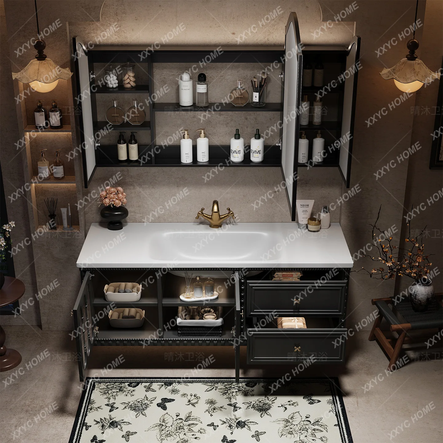 

M medieval bathroom cabinet toilet washbasin rock slab hot bending sink smart mirror bathroom