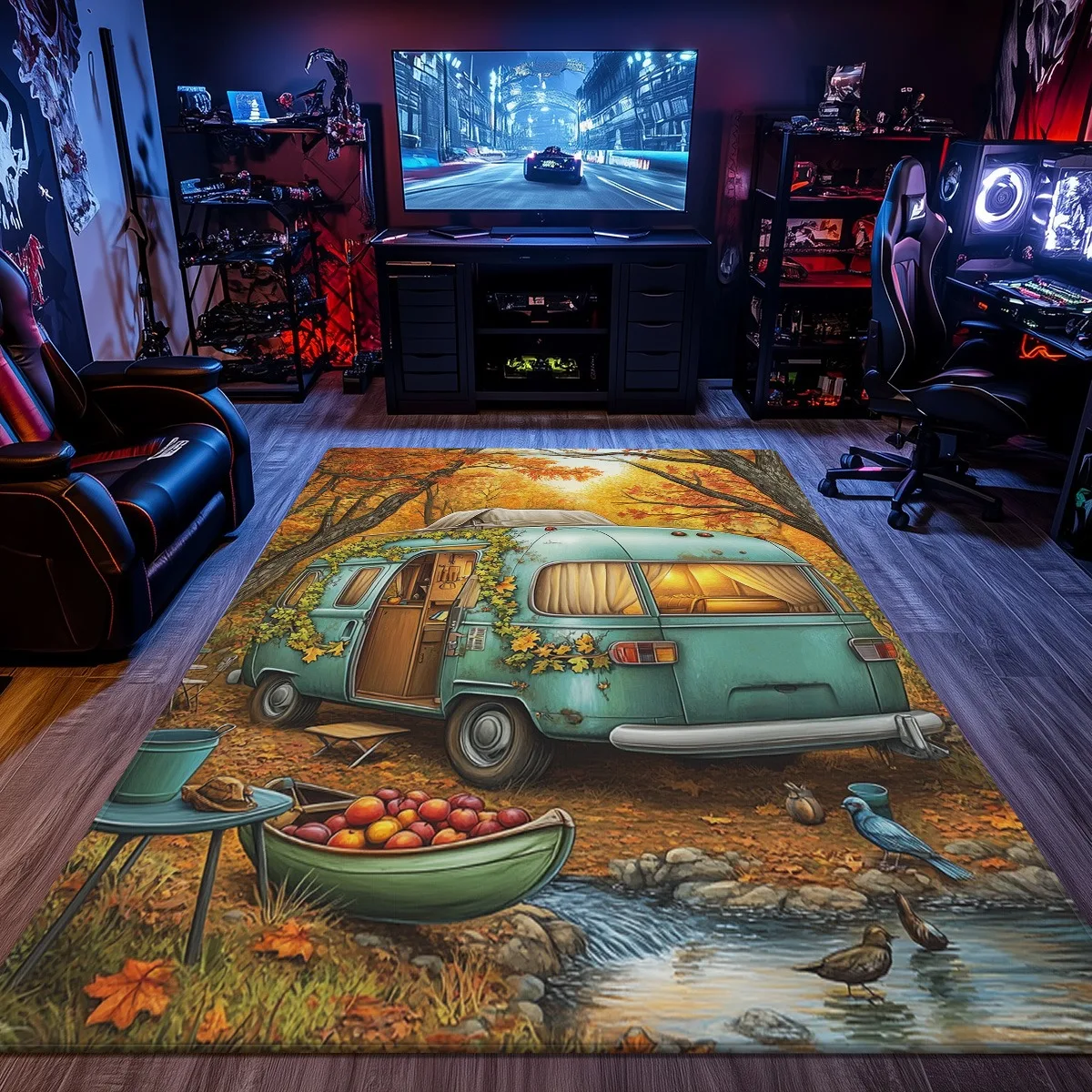 Autumn campervan harvest scene crystal velvet rug fall season carpet vintage van design living room home decor floor mat