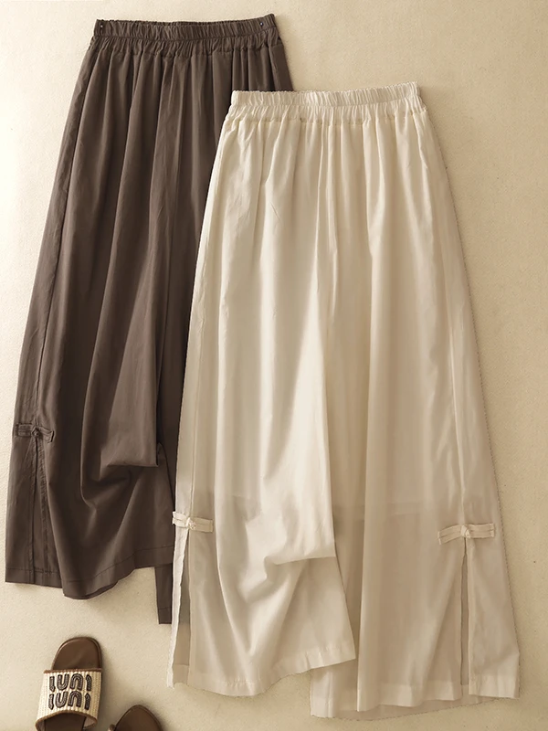New Chinese Style High Waist Wide Leg Cotton Linen Straight Leg Pants Women Summer plus Size Slimming Age Reducing Split Pants