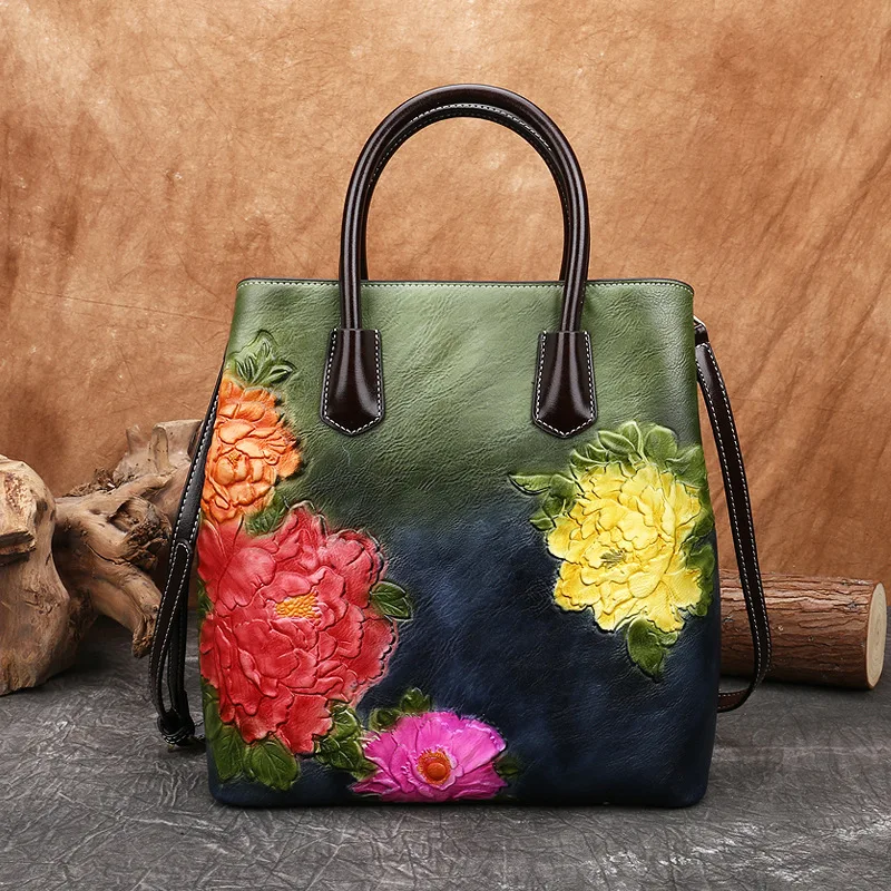 Motaora Retro Vrouwen Tas Vintage Emmer Schoudertassen Voor Vrouwen 2024 Nieuwe Handgemaakte Reliëf Lederen Handtas Bloemen Draagtas Dames