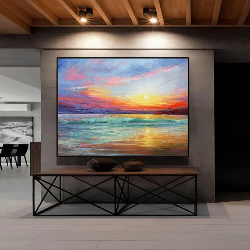 Handmade Sea Decor Sunrise Oil Painting, Canvas Wall Art Decoration, Living Room Painting, Hand Painted Canvas Painting Unframed