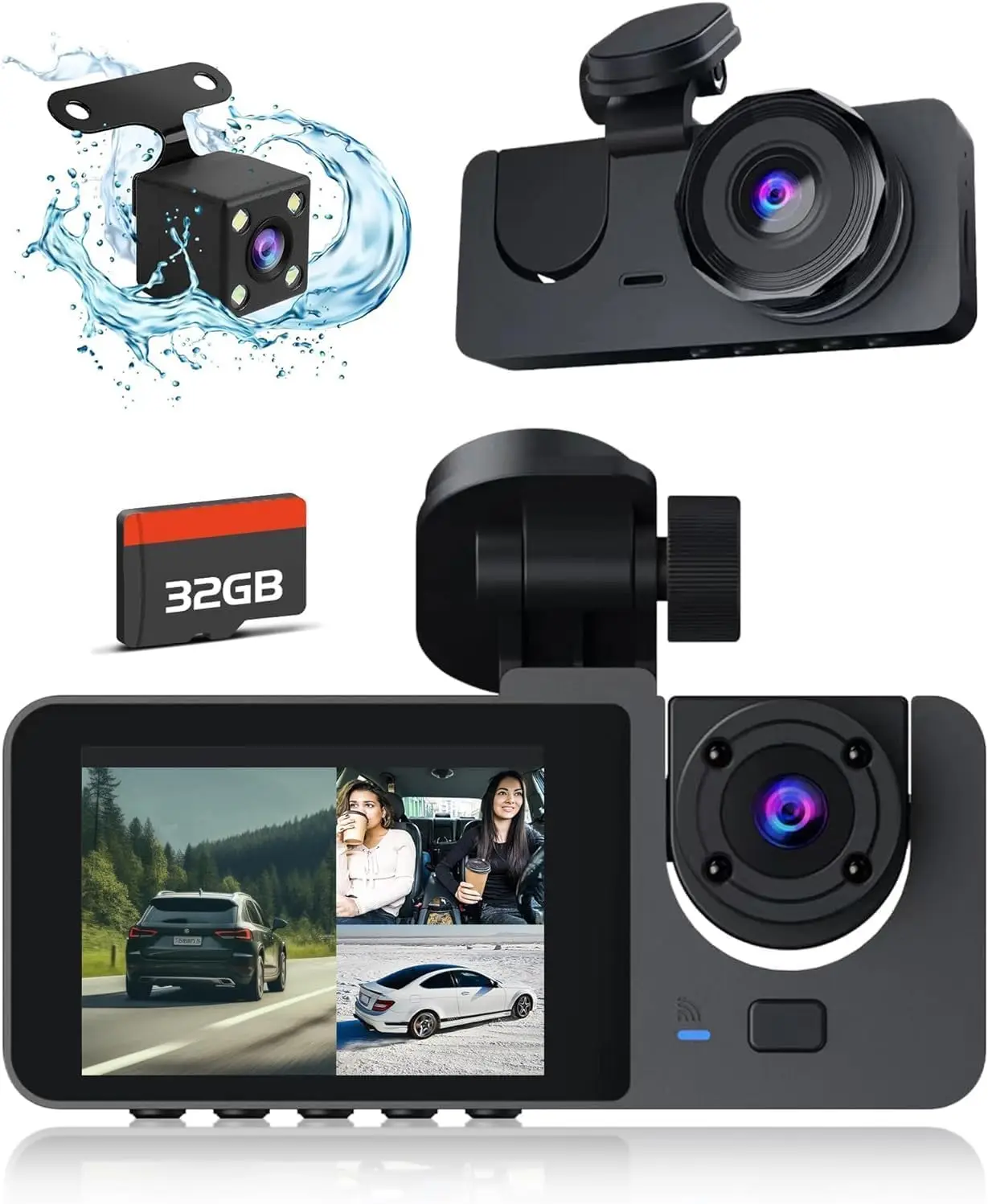 3 Channel Dash Cam Front and Rear Inside, 4K Full UHD Dash Camera for Cars,Car Camera Built-in 32GB Card,WDR,G-Sensor,2.0''IPS H