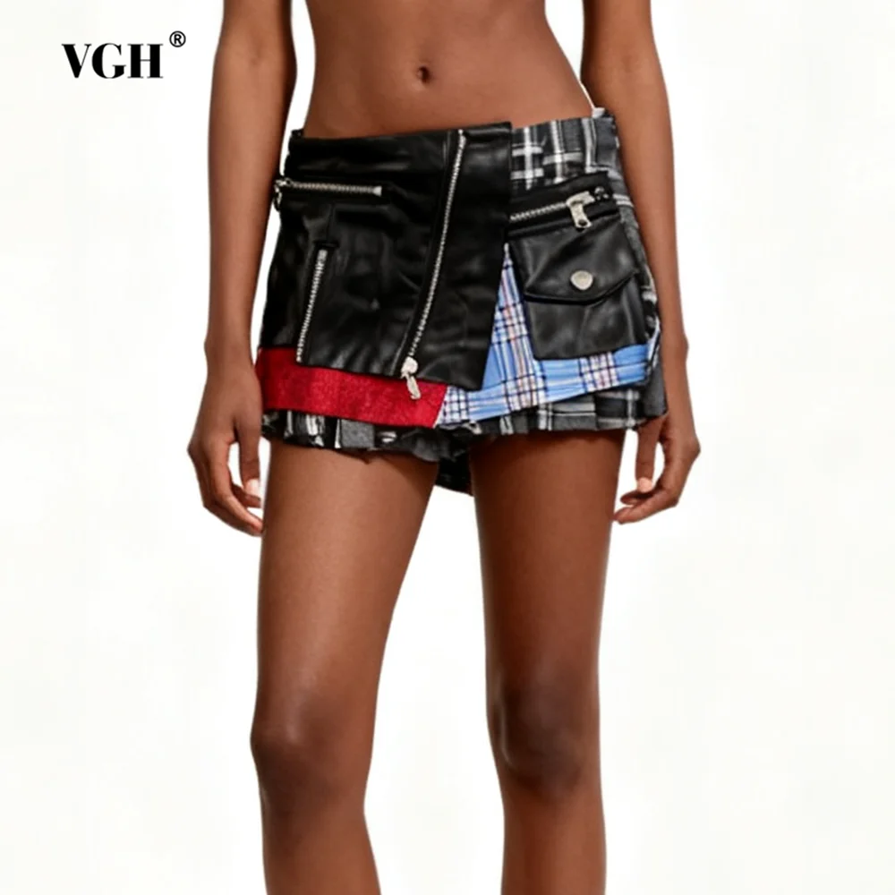 

VGH Summer Design Sense Slimming Mini Skirts For Women High Waist Spliced Zipper Temperament Party Skirt Female Fashion Style
