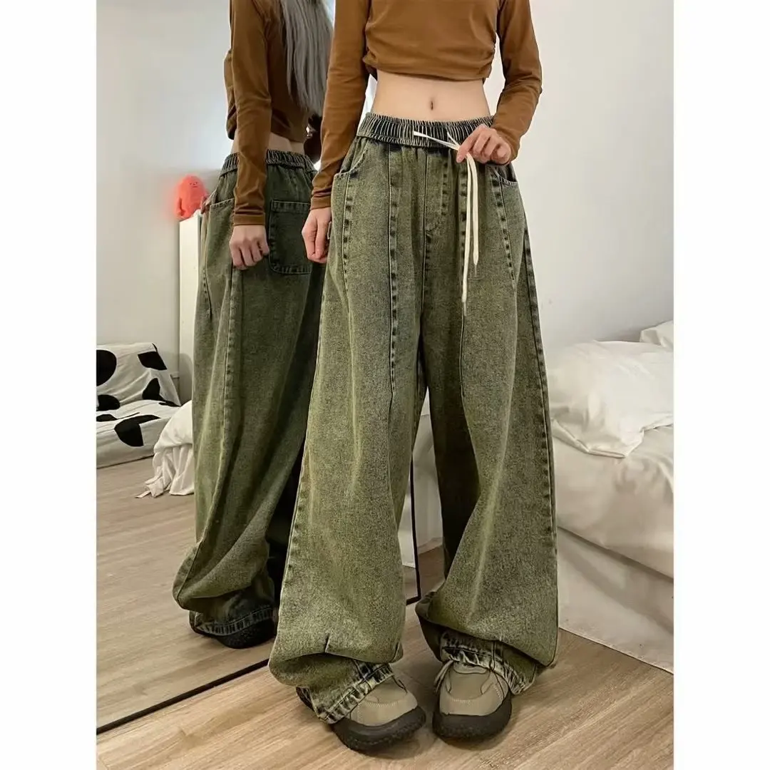 Pleated Faded Drawstring Jeans for Men and Women，American Vintage Washed Couple Wide-leg Casual Cargo Pants Jeans for Women Y2k