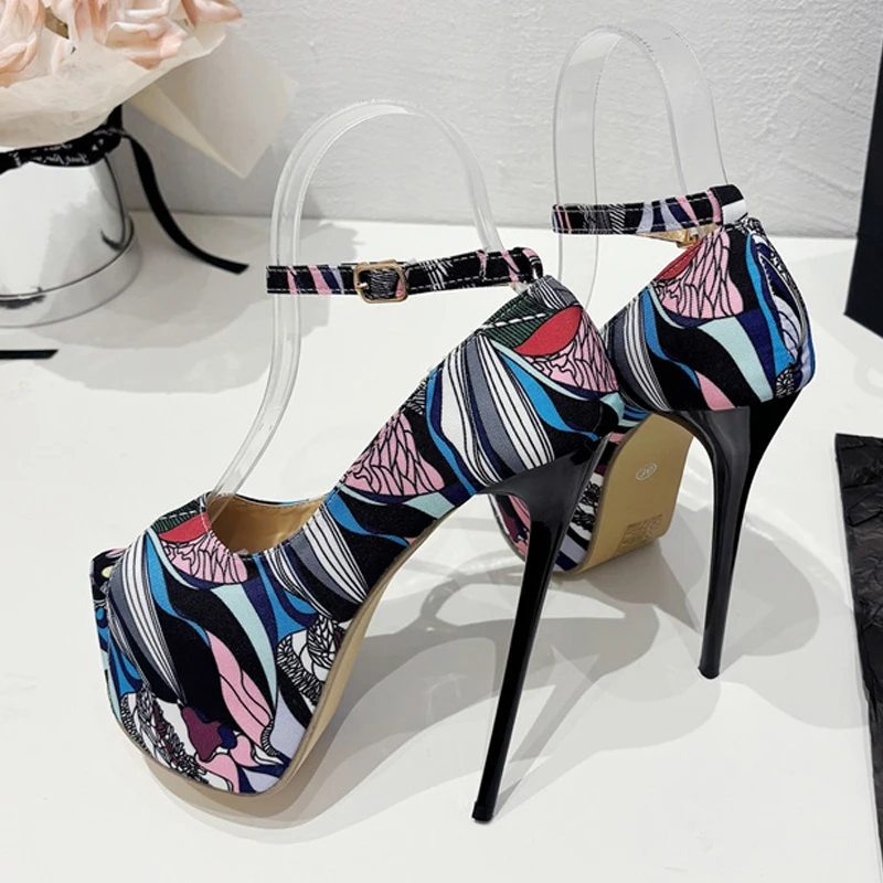 Liyke Fashion Design Hand-Painted Leather Platform Pumps Women Slingback Sandals Sexy Peep Toe High Heels Strip Pole Dance Shoes