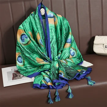 Neue Luxus Pfau Seide Schal Schal Frauen Print Design Pashmina Halstuch Wrap 2023 Muslimischen Kopf Turban Bandana Foulard Echarpe