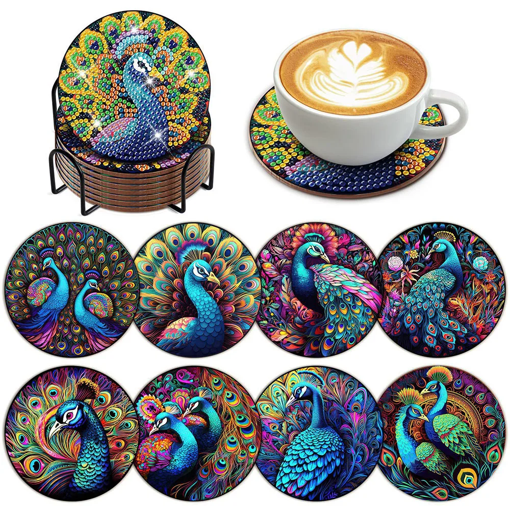 8pcs Peacock Diamond Art Coasters Kits with Holder DIY Cat landscape Diamond Painting Coaster Drink Cup Cushion Tablemat forGift