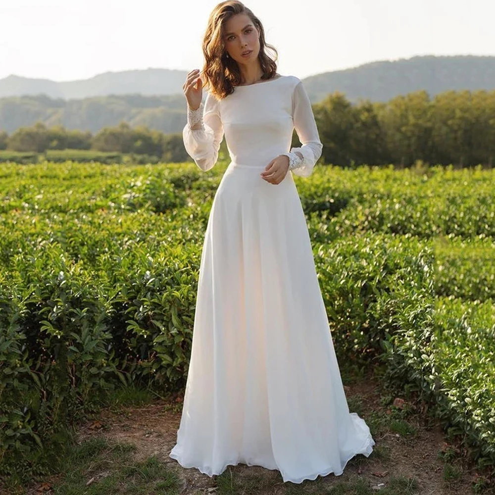 

Customized Sexy Wedding Dresses Chiffon Pleat Bateau Full Sleeve Backless A-Line Bridal Gowns 2025 New Party Dress