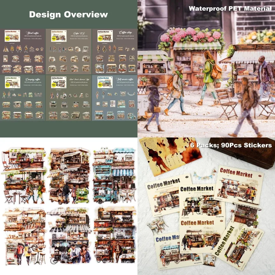 

90Pcs Coffee Market PET Stickers Vintage Coffee Truck Stickers for Scrapbooking Journaling Waterproof Crafts Supplies Perfect f