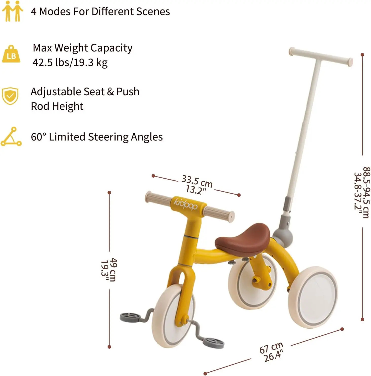 Pony-Tricycle à pédales pour enfants, 4 en 1, 1 à 4 poussoirs, toboggan, jouet, vélo d'équilibre, trotteur, poussette, jaune