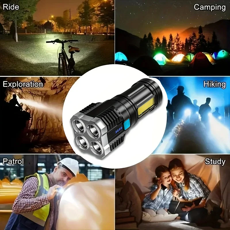 4 LED Flashlight Portable Powerful Flashlight With COB Side Light 4 Modes USB Rechargeable Torch Camping Tool Searchlight