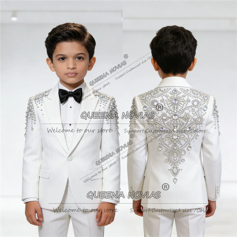

Костюм для мальчиков с блестящими камнями и бисером, наряд для свадьбы, индивидуальный комплект из 2 предметов, однобортный пиджак, брюки, детские вечерние смокинги