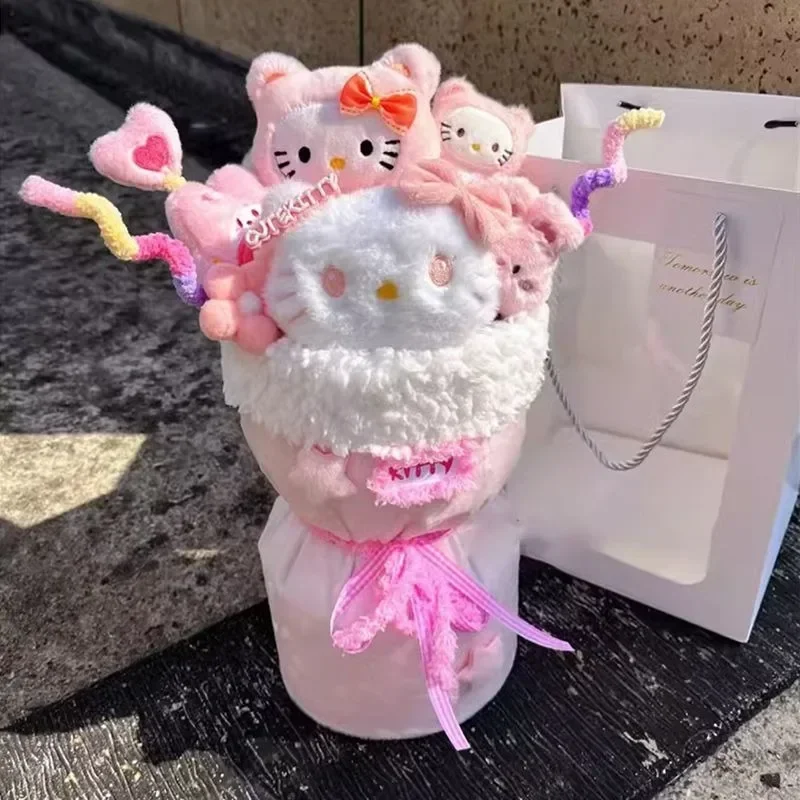 Dolce Hello Kitty Anime Bella bambola Bouquet di fiori Ragazza Cuore Simpatico cartone animato Kawaii Ins Peluche Regali di compleanno per ragazze