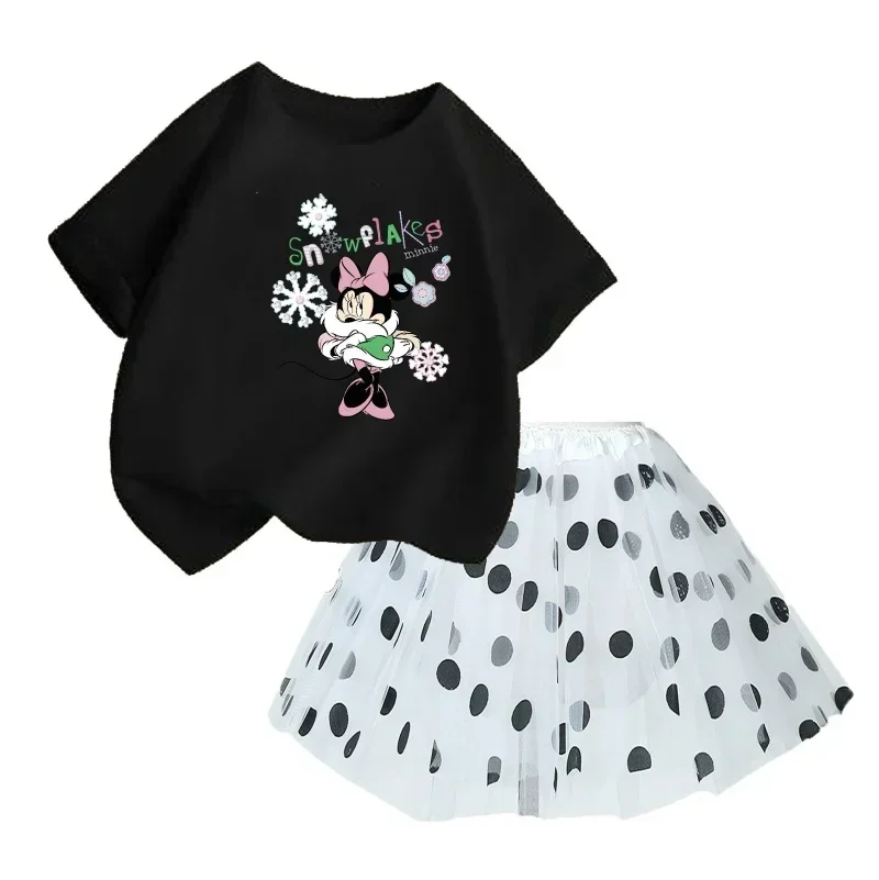 Disney Mickey Child Cotton T-shirt Fluffy Ballet Princess Tutu Skirt 2 Piece Set Baby Clothes Girl Birthday Lace Skirt Suit