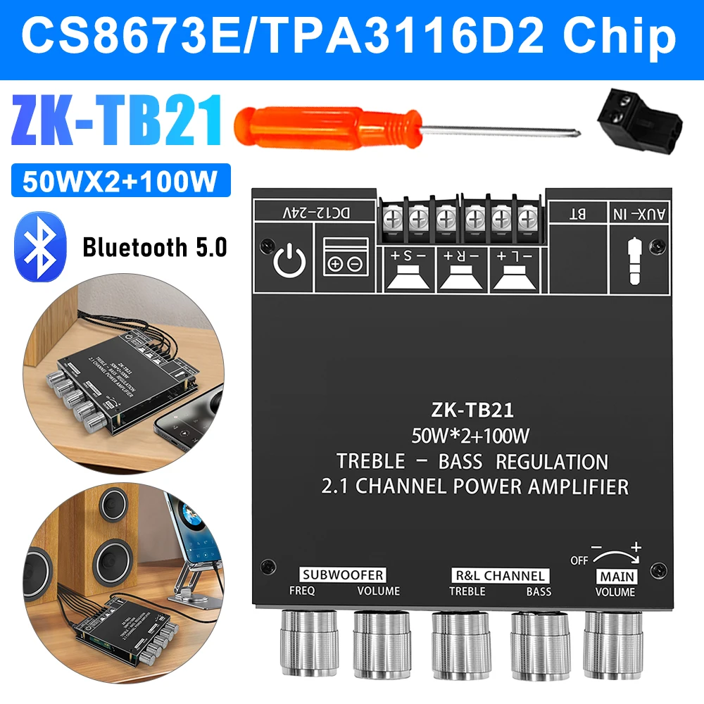 ZK-MT21 ZK-TB21 2x50W + 100W Placa amplificadora para subwoofer Bluetooth 5,0 receptor de Audio estéreo 2,1 canales de potencia Audio estéreo amplificador de graves