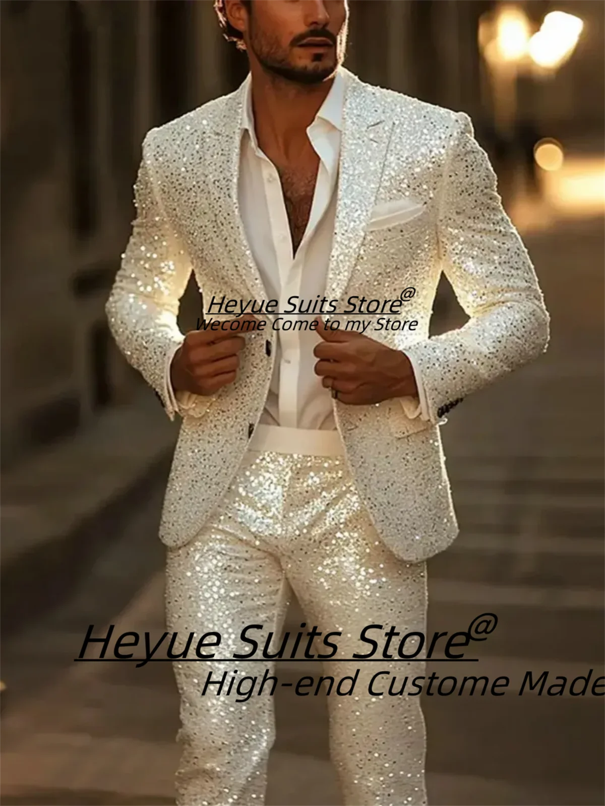 

Sparkly Wedding Tuxedos Single Breasted Sequins Men Suit Peaked Lapel 2 Piece Set Jacket Pant Groom Business Blazers Customized