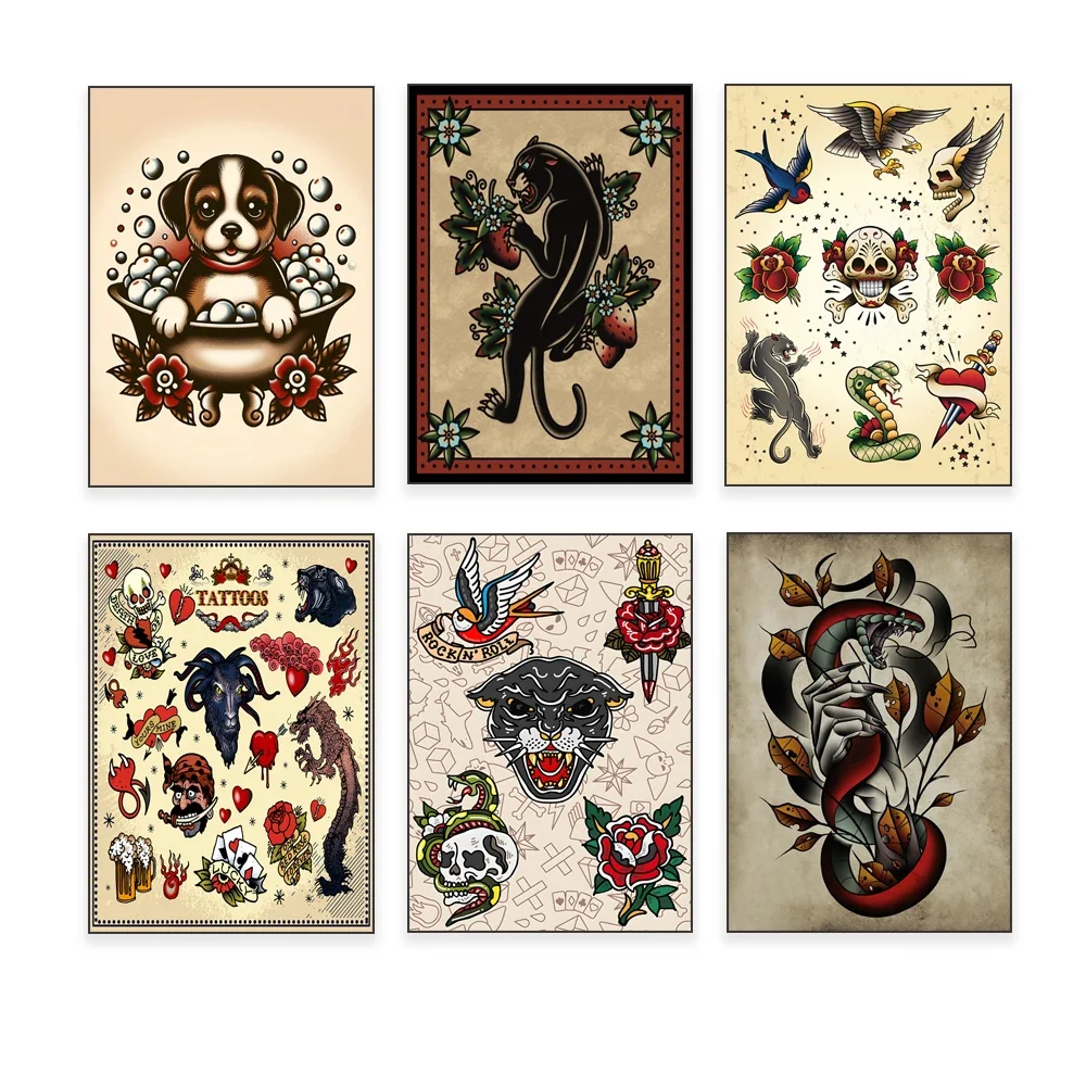 Pintura en lienzo, impresiones de tatuajes Vintage, carteles de tatuajes corporales, arte de tatuaje tradicional para mujeres, sala de estar, dormitorio, decoración de pared de oficina
