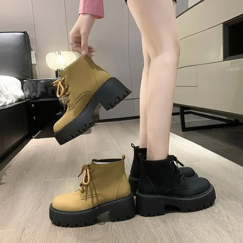 

Flat Heel black Ankle Boots Shoes Lace Up Luxury Designer Round Toe Boots-Women Low Rubber Ladies Lolita Fashion Autumn Rock New