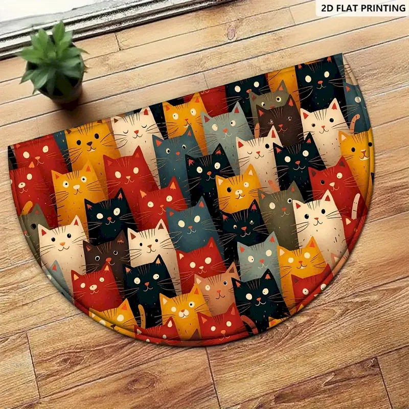 VIKAMA Cute Cat Pattern Half Round Door Mat Anti Slip, Water Absorbing, Dustproof Printed Carpet Entrance Indoor Home Decoration