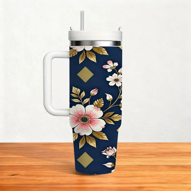 Stylish Digital Printed Floral 40Oz Stainless Steel Insulated Tumbler, Elegant Navy Background with Vibrant Flower And Golden Diamond Pattern, Durable Drink Container for Daily Use And Outdoor Activities